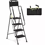 HBTower Escalera 4 Peldaños con Pasamanos, Plegable con Peldaños Antideslizantes Anchos y Bolsa Portaherramientas, Capacidad Máxima 150 kg, Ideal para Cocina, Garaje y Bricolaje