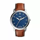 Fossil Reloj para hombre The Minimalist, movimiento de cuarzo, caja de 44 mm de acero inoxidable plateado con correa de piel, FS5304, Azul/Marrón