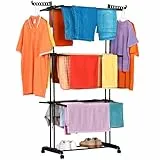 NK Tendedero Vertical Plegable con 4 Niveles - 6 Bandejas Retráctiles + 2 Alas Laterales con Soporte Perchas + Zapatero, Ruedas 360° (19m Ropa) (Negro)