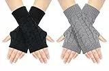 Chalier Fashion 2 Pares Guantes de Invierno para Mujeres, Mitones de punto caliente Manoplas Guantes de Mitad de Dedos (negro + gris claro)