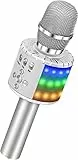 BONAOK Micrófono Niños, Karaoke con Micrófono Bluetooth, Micrófono de Karaoke Portátil 3 en 1 Portátil con Luces, Máquina de Karaoke para Fiesta de Cumpleaños para Android (Plateado)
