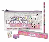 CYPBRANDS Gabby, Set de Papelería, Escritura,Regla, Goma de Borrar, Sacapuntas, Lápiz, Estuche, Color Rosa, Producto Oficial
