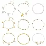 ZXTGBQ Bohemia Pulseras Tobilleras Mujer, Tobillera Pulsera Mujer, 9 pcs Tobillera Conchas, Tobilleras Pulseras Elegantes y Atractivas, Estilo Boho Dorado, para mujeres Adolescentes Niñas