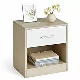 VASAGLE Mesita de Noche, Mesa Auxiliar con Cajón, Asa, Compartimento Abierto, para Dormitorio, Salón, Beige Natural y Blanco Nube LET619T67