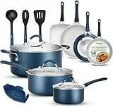 Nutrichef carote 14 piezas, Set de sartenes, Juego de ollas, Tapas, Utensilios, Antiadherentes, Libres de PFOA/PFOS, Color azul