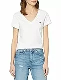 Calvin Klein Camiseta de Manga Corta Mujer CK Embroidery con Cuello de Pico, Blanco (Bright White), S