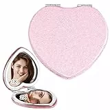 1 espejo de bolsillo portátil de PU, espejo plegable compacto de 72 mm para bolso, viajes, maquillaje (corazón rosa)