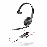 Auricular Poly Blackwire 5210 con cable (Plantronics), Micrófono de brazo flexible con cancelación de ruido, Diseño monoaural, Conexión a PC o teléfono móvil mediante USB-C, USB-A o conector de 3,5 mm