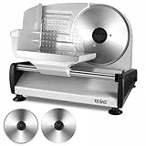 YASHE Cortadora de Fiambre Eléctrica, Cortadora de Carne y Pan de 250W con Cuchillas Serradas y Lisas de 19cm, Espesor Ajustable 0–15mm, Bloqueo de Seguridad, Pies Antideslizantes, Fácil de Limpiar