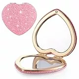 Espejo compacto en forma de corazón, mini espejo de tocador con purpurina de doble cara 1X/2X, espejo portátil de maquillaje de viaje para bolso, bonito espejo de bolsillo para mujeres, regalo para el