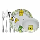 WMF Safari - Vajilla para niños 6 piezas, incluye plato, cuenco y cubertería (tenedor, cuchillo de mesa, cuchara y cuchara pequeña) WMF Kids infantil Acero Inoxidable Cromargan
