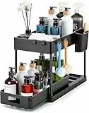 JUPPLIES Organizador Bajo Fregadero 2 Niveles - Organizador Cocina Extraíble Estante Almacenamiento con 2 Cestas Colgantes y 4 Ganchos - Cocina, Baño y Hogar - Negro - 1 Unidad