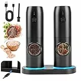 Juego de 2 molinillos de sal y pimienta eléctricos con base recargable, molinillo de especias con doble estación de carga, cepillo, luz LED blanca, molienda automática para barbacoa, restaurante,