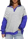 OLIPHEE Sudadera Mujer Con Rayas Colores Patchwork Grande Cuello V Talla Grande Hoodie Casual Única Holgada Azul+Negro S