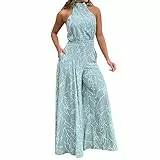 YIzdegg Mono sexy con cuello halter para mujer, sin mangas, informal, elegante, con bolsillos, estampado floral, traje de pantalón suave y transpirable, Bu2., S