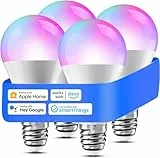 Meross Bombilla Inteligente Alexa, Bombilla LED E27 para Apple HomeKit, Google Home y SmartThings, RGBWW, 2700-6500K, Pack de 4