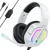 Fachixy FC200 Cascos Gaming para PS5, PS4, PC, Xbox One, Switch, Auriculares Gaming Cancelación de Ruido, Cascos con Microfono Estéreo Sonido, Cascos para PS5 con 3.5mm Jack con Luz RGB (Blanco)