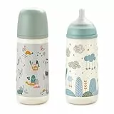 Suavinex, Set de 2 Biberones Anticólicos de 360 ml, Kit de Biberones con Tetina Fisiológica SX Pro de Silicona, de Flujo Denso (L), con Válvula Anticólico, para Bebés +6 Meses. Azul y Verde