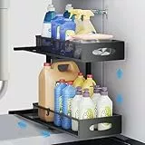 Zaxiva 1 Pieza Organizador Bajo Fregadero de Metal, 2 Niveles Estanteria Bajo Fregadero Extraible, Estante de Almacenamiento Bajo Fregadero con Altura Ajustable para Cocina, Baño, Negro