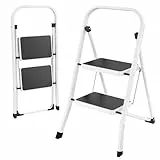 HBTower Escalera 2 Peldaños Plegable – Acero Resistente, Antideslizante, 4,5 cm de Grosor, Carga 150 kg, Sin Montaje – para Cocina, Garaje, Oficina