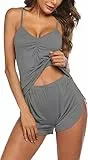 Ekouaer Conjunto de Pijama Mujer Sin Manga Pijamas Sexy Verano Suave Cómodo Robe de Dormir con Pantalon Pjs Corto, Gris, XL