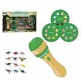 LEXIBOOK, Proyector de Cuentos y Linterna Luminosa, CREA hasta 3 Cuentos con 24 imágenes de Dinosaurios, 12 figuritas de Dinosaurios Incluidas, Amarillo/Verde, LTC045Z