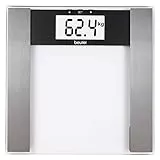 Beurer BG17 - Báscula de baño digital diagnóstica de cristal, pantalla LCD extragrande (40 mm), indicador gra sa y agua corporal, masa osea y muscular, vidrio de seguridad, 10 memorías, max 150 kg