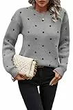 WINKEEY Jersey Mujer de Cuello Redondo Manga Larga Lunares Jerséis para Mujers para Cómodas Elegante Suaves Túnica Ropa Sudaderas Camisetas Suéter Jersey Mujer Invierno Otoño,Gris S