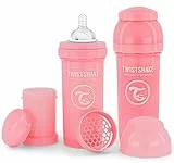 Twistshake 2x Biberones Anticólicos Con Recipiente Para Leche En Polvo Y Mezclador - 260ml | Tetina De Silicona De Flujo Medio | Biberón Sin BPA | 2+ Meses | Rosa