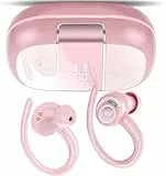 Auriculares Bluetooth deportivos inalámbricos Bluetooth 5.3 con micrófono HD, 48 horas premium de graves bajos, color rosa claro