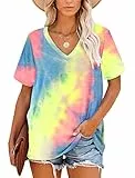 MOLERANI Camisetas Mujer, Camisetas de Verano de Manga Corta con Cuello en V, Camiseta Holgada Informal teñida de Rosa y Amarillo, Talla XXL