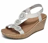 Skechers BEVERLEE DATE GLAM, Sandalias para Mujer, Off White Duraleather/ Clear Rhinestone, 39 EU