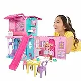 Barbie Chelsea Casa de muñecas con más de 15 accesorios, casa desplegable que se amplía a más de 43,2x33cm con 5 áreas de juego y tobogán, incluye muñeca pequeña y perrito mascota, JFW49