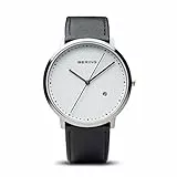 BERING 11139-404 Reloj de cuarzo unisex con caja de acero inoxidable plateado de 39 mm y esfera blanca, correa de piel de becerro, cristal de zafiro y resistencia al agua de 3 ATM