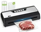 Bonsenkitchen Envasadora al Vacio con Cortador Incorporado y Función de Almacenamiento de Bolsas, Apta Para Cocción al Vacío y Comidas Preparadas, Incluye 1 Rollo y 5 Bolsas Precortadas, Negro