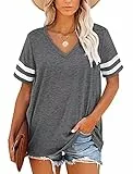 MOLERANI Mujeres Camisetas Manga Corta Cuello en V Rayas Verano Tops Casual Camiseta Suelta Gris Talla S