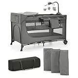 Kinderkraft JOY 2 ACC Cuna de viaje 2 en 1 para Bebé de hasta 25 kg, Plegado rápido y fácil, incluye Carrusel de cuna con juguetes, Estantes para pañales y Cambiador, Bolsa de transporte, Gris