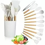 CTDMJ - Juego de 12 utensilios de cocina de silicona con mango de madera, cucharas antiadherentes, juego de utensilios de cocina de silicona, resistentes al calor (blanco)