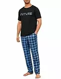Marvmys Pijama Hombre Algodon Conjunto de Pijama Hombre Camiseta de Manga Corta con Cuello Redondo y Pantalones Largos de Cuadro con Bolsillos y Cordón
