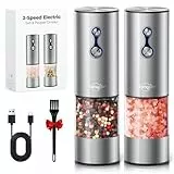Sangcon Juego de Molinillo de Sal y Pimienta Recargable, Control de 2 Velocidades, Molinillo Eléctrico Pimienta, Sal Pimienta Automático de Acero inoxidable, 2 luces LED, Grosor Ajustable (Plata)