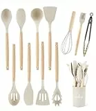12 Piezas Utensilios Cocina de Silicona, Resistente al Calor Antiadherente, Juego de Utensilios de Cocina de Silicona,Apto para lavavajillas,Accesorios cocina,Juego de cubiertos con cubo(Caqui)