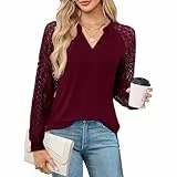 TcIFE - Blusa para mujer, manga larga, de encaje, blusas para mujer, elegante, cuello en V, tops y túnicas chic y cómodas, para mujer, A-1 Rojo Burdeos, L