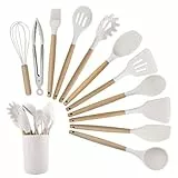Strehknewen Juego de 12 Utensilios de cocina de silicona, resistentes al calor, antiadherentes, aptos para lavavajillas, ergonómicos, aptos para alimentos, Con cubo de almacenamiento, juego completo