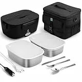 STN Fiambrera Electrica Set 80W con 2 recipientes de acero inoxidable de 1,5L,Bolsas Isotérmicas,Juego de Cubiertos Grande para 12V/24V/220V