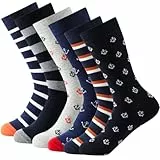 Balseti Calcetines Media Caña Formales y Básicos de Rayas y Estampado Marinero Gris, Negro, Azul para Hombres. Calcetines Ejecutivos, Frescos, Finos. 85% Algodón. Pack 6 Pares. Talla 39-42.