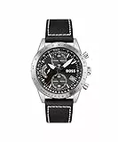 BOSS Reloj Cronógrafo de Cuarzo para Hombre de 44mm EDICIÓN Pilot Chrono con Esfera Negra, Correa de Cuero Negra, Función de Fecha, 3 Sub-Diales, Resistencia al Agua 5ATM - 1513853