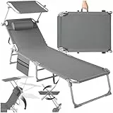 TecTake® Tumbona Jardín Exterior de Acero, Tumbona Plegable con Reposacabezas, Parasol y Bolsillo Lateral, Tumbona Playa Reclinable 6 Posiciones, para Piscina Resistente a Intemperie - Gris