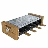 Cecotec Raclette Cheese&Grill 8600 Wood AllStone. Potencia 1200 W, Placa piedra natural, 8 sartenes individuales, Termostato regulable, Diseño extraíble