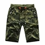 LY4U Pantalones Cortos Casuales de Verano para Hombres, Deportivos para Gimnasios, Pantalones Cortos de Camuflaje con Bolsillos de Cuerda de Bombeo y Cremallera, Verde M