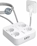 LENCENT Regleta Enchufe USB 2M con Enchufe Plano, Regleta Enchufe Plano con 4 Tomas de CA, 3 USB y 1 Tipo C, Regleta USB con Interruptor y Protección contra Sobretensiones para Hogar y Oficina